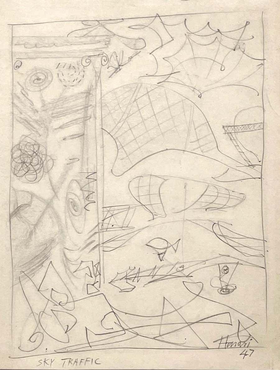 A 1940s, Modern Abstract Surrealist Drawing by Hananiah Harari, "Sky Traffic"