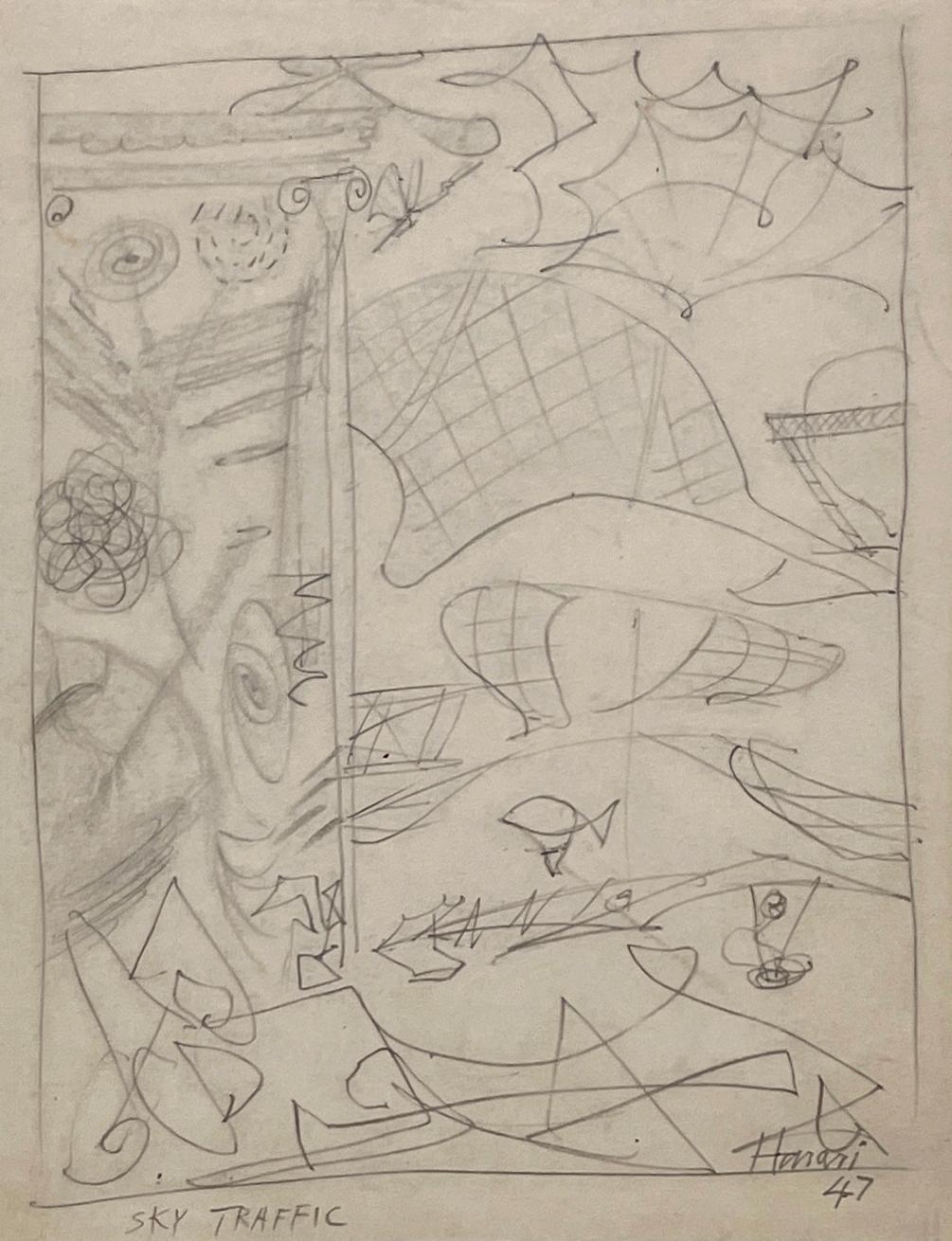 A 1940s, Modern Abstract Surrealist Drawing by Hananiah Harari, 