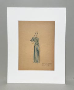 A Stylish Vintage 1940s Fashion Study, Design for a Women's Dress, Lucien Lelong