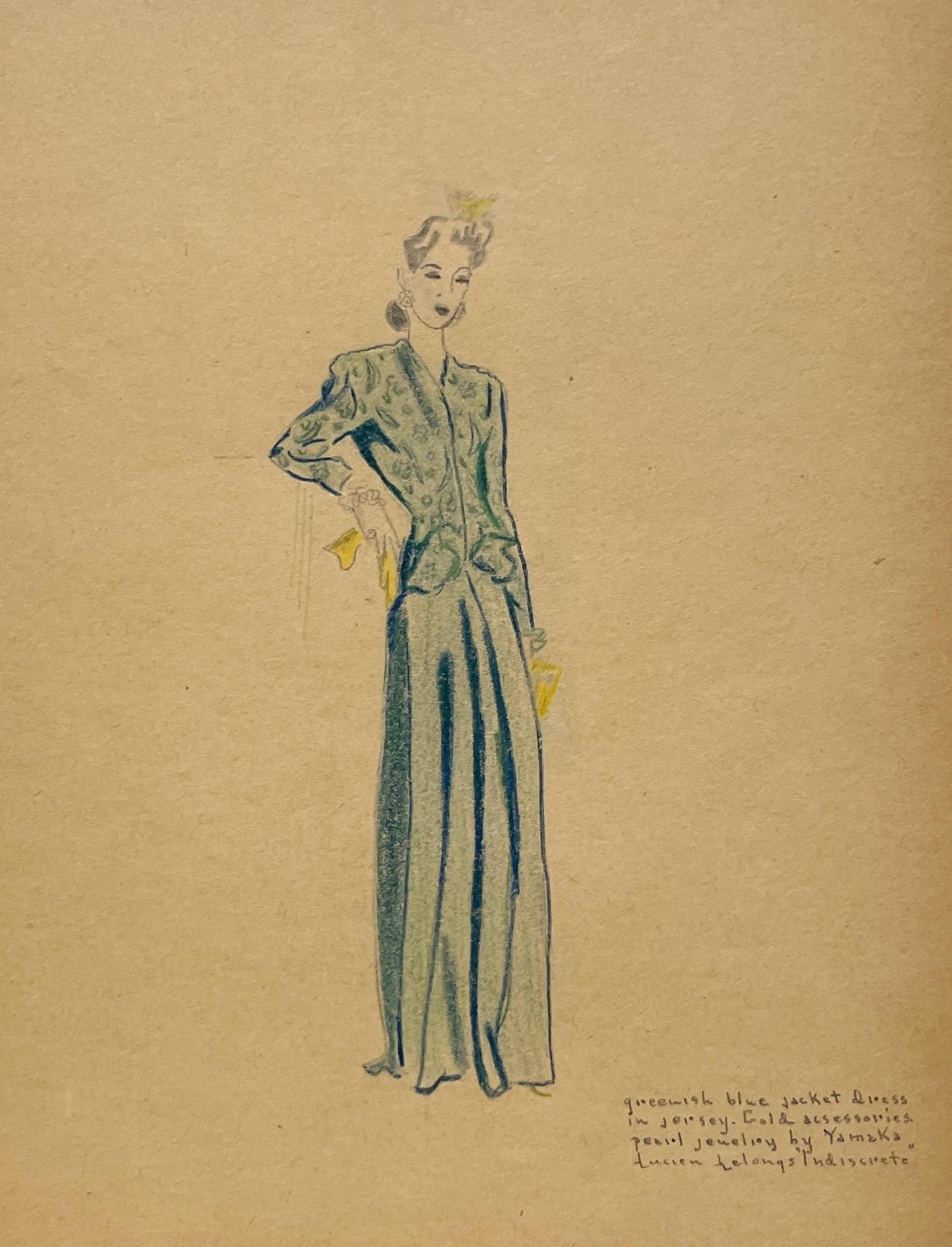 A Stylish Vintage 1940s Fashion Study, Design for a Women's Dress, Lucien Lelong