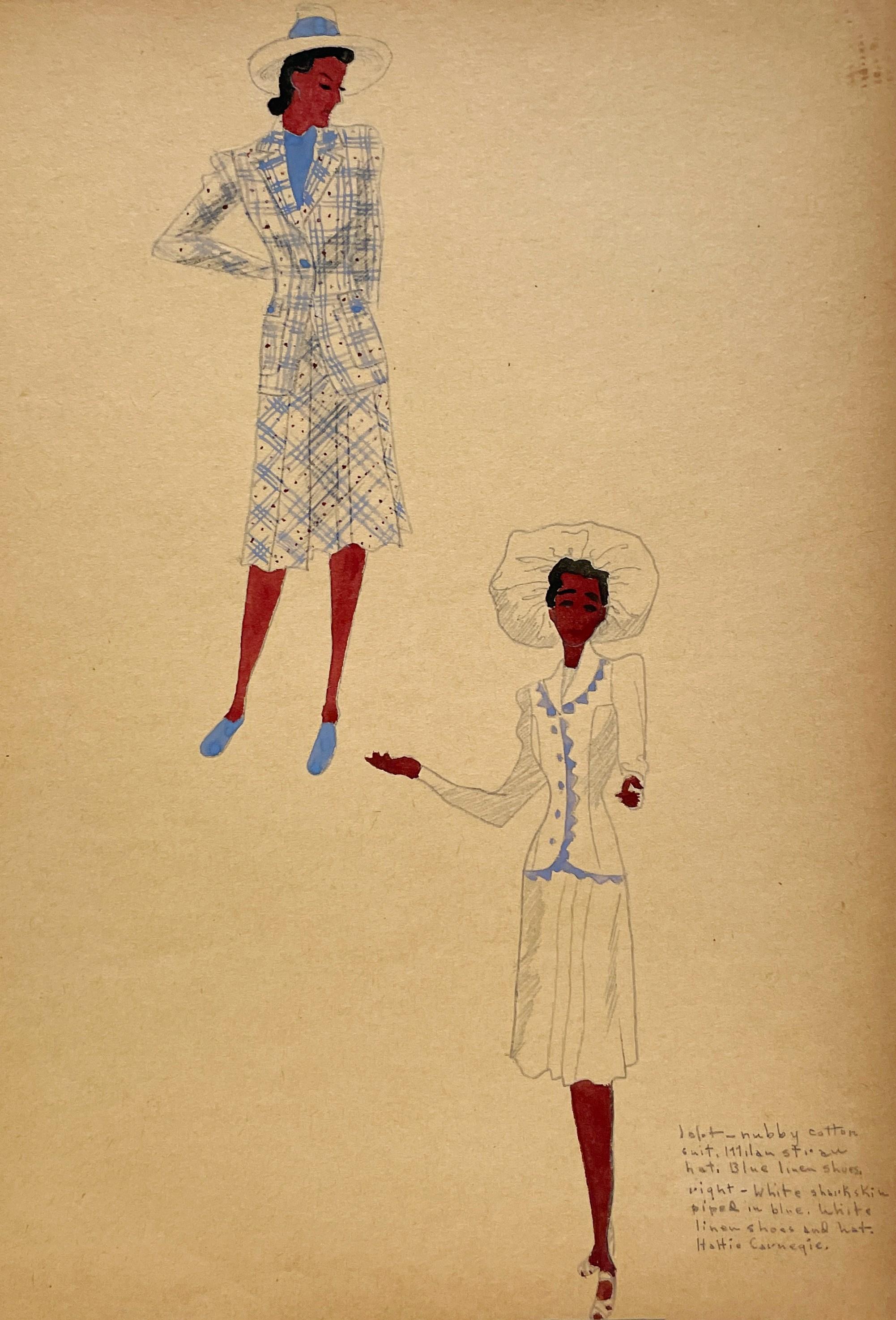 A Stylish Vintage 1940s Fashion Study, Design for Hat 
Shoes, Hattie Carnegie