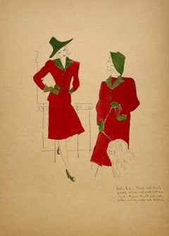 A Stylish Vintage 1940s Fashion Study, Design for a Woman
s Hat, Suit and Coat