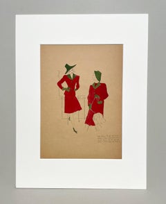 A Stylish Vintage 1940s Fashion Study, Design for a Woman's Hat, Suit and Coat