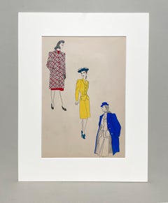 A Stylish Vintage 1940s Fashion Study, Designs for Women's Hat, Suit and Coat