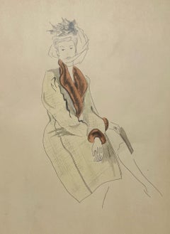 A Stylish Vintage 1940s Fashion Study, Design for a Woman
s Hat and Coat