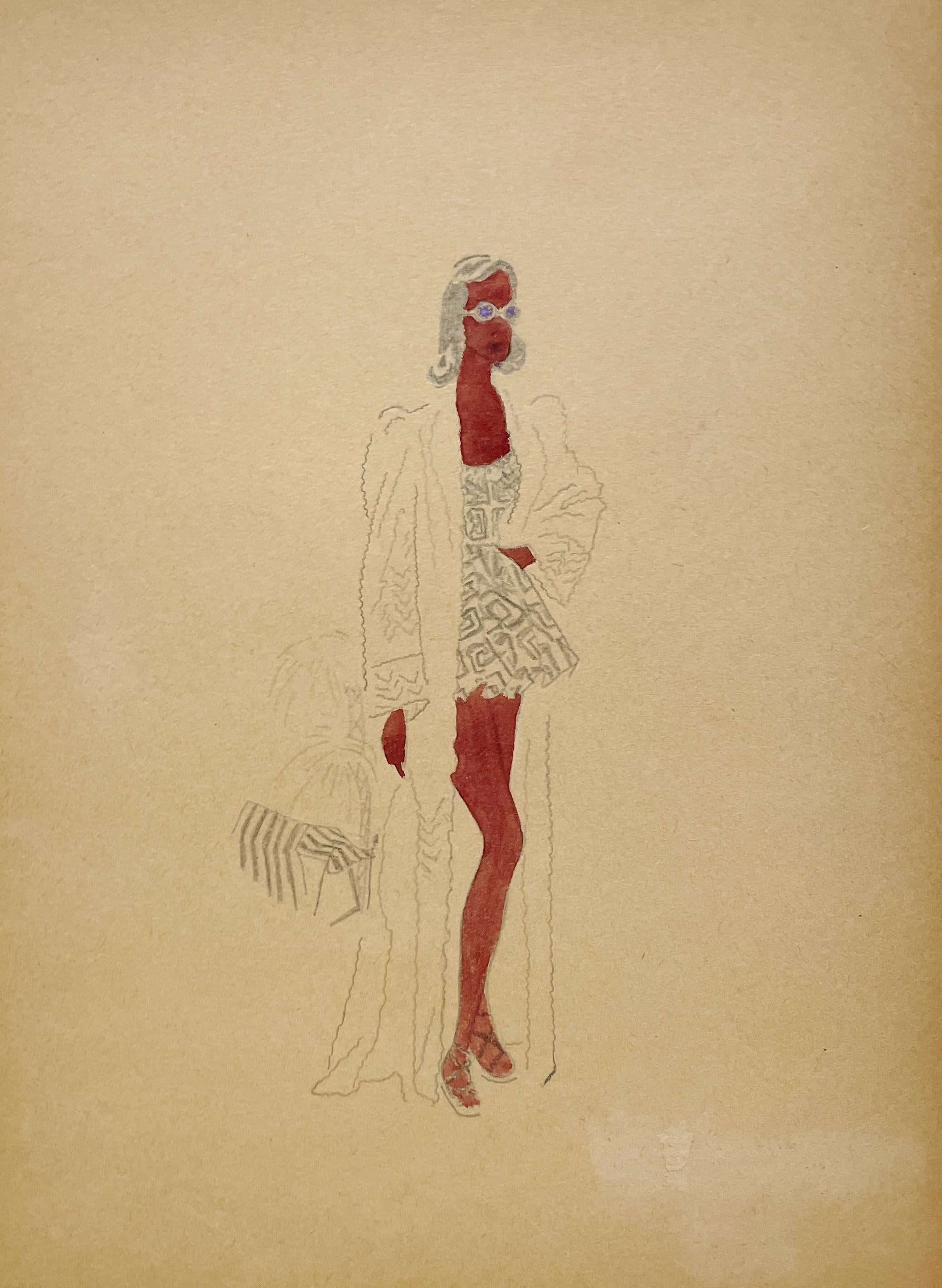 Un elegante studio di moda vintage degli anni 
40, design per abbigliamento da spiaggia femminile