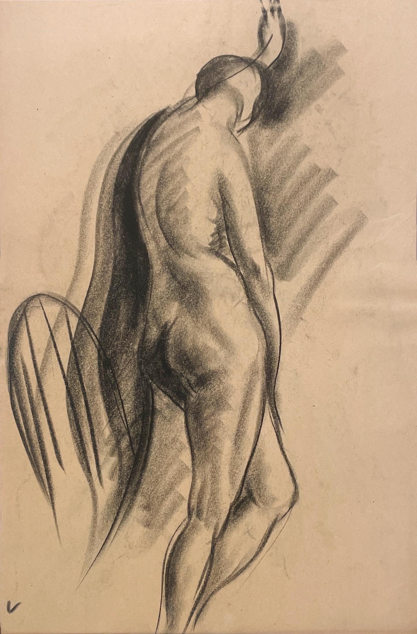 A Finely Drawn 1930s Modern Figure Study, Standing Female Nude Model (Back) - Art by Harold Haydon