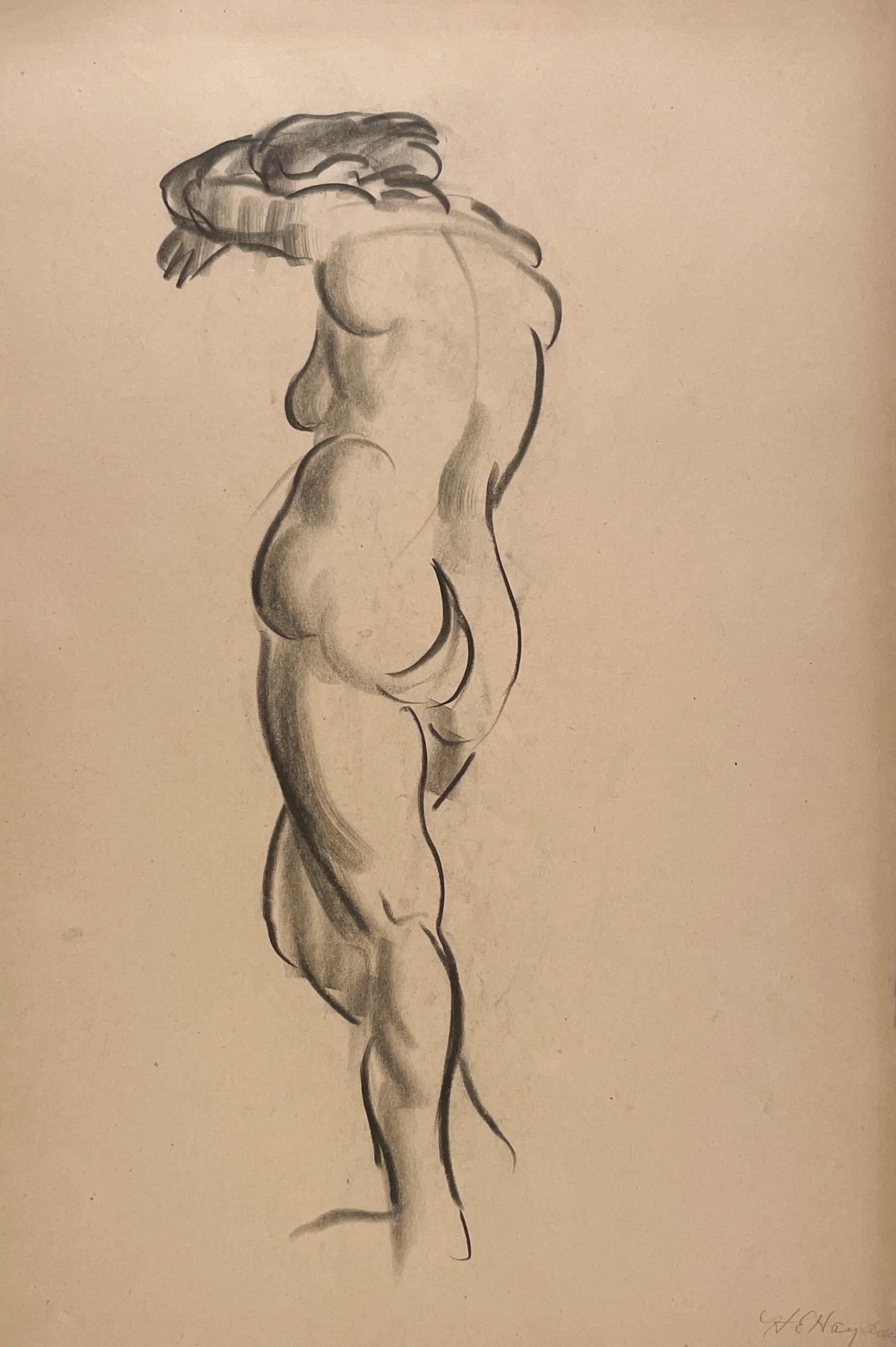 Harold Haydon Figurative Art - A Finely Drawn 1930s Modern Figure Study, Standing Female Nude Model (Back)
