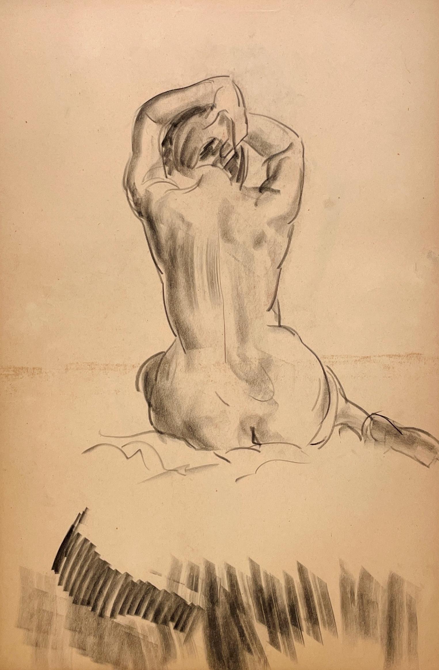 A Finely Drawn, 1930s Modern Figure Study of a Seated Female Nude Model by Notable Chicago Artist, Harold Haydon (Am. 1909-1994).   An early charcoal drawing by Haydon demonstrating his exceptional artistic skill and confident draftsmanship; 