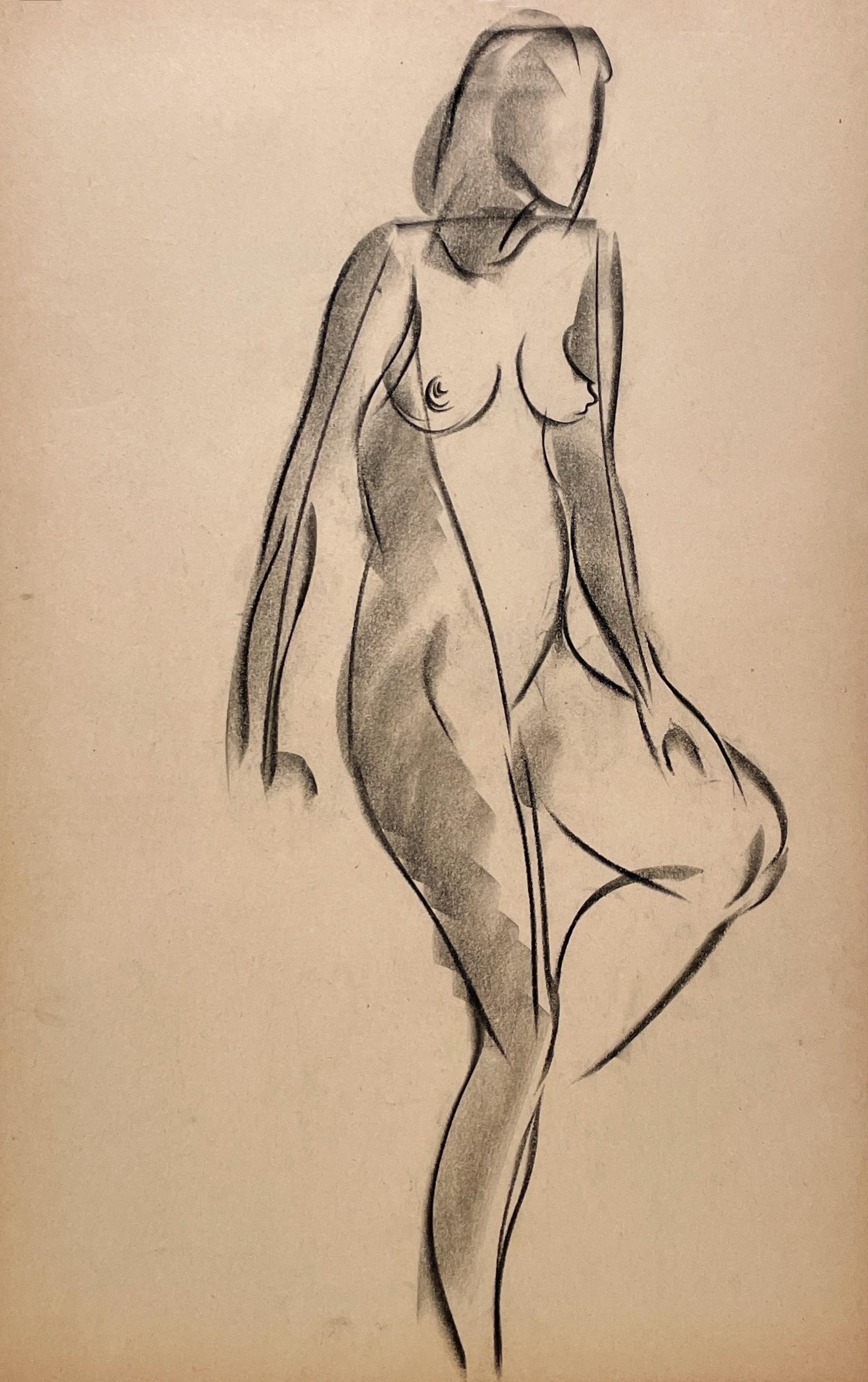 A Finely Drawn, 1930s Art Deco Modern Figure Study of a Seated Female Nude Model by Notable Chicago Artist, Harold Haydon (Am. 1909-1994).   An early charcoal drawing by Haydon demonstrating his exceptional artistic skill and confident
