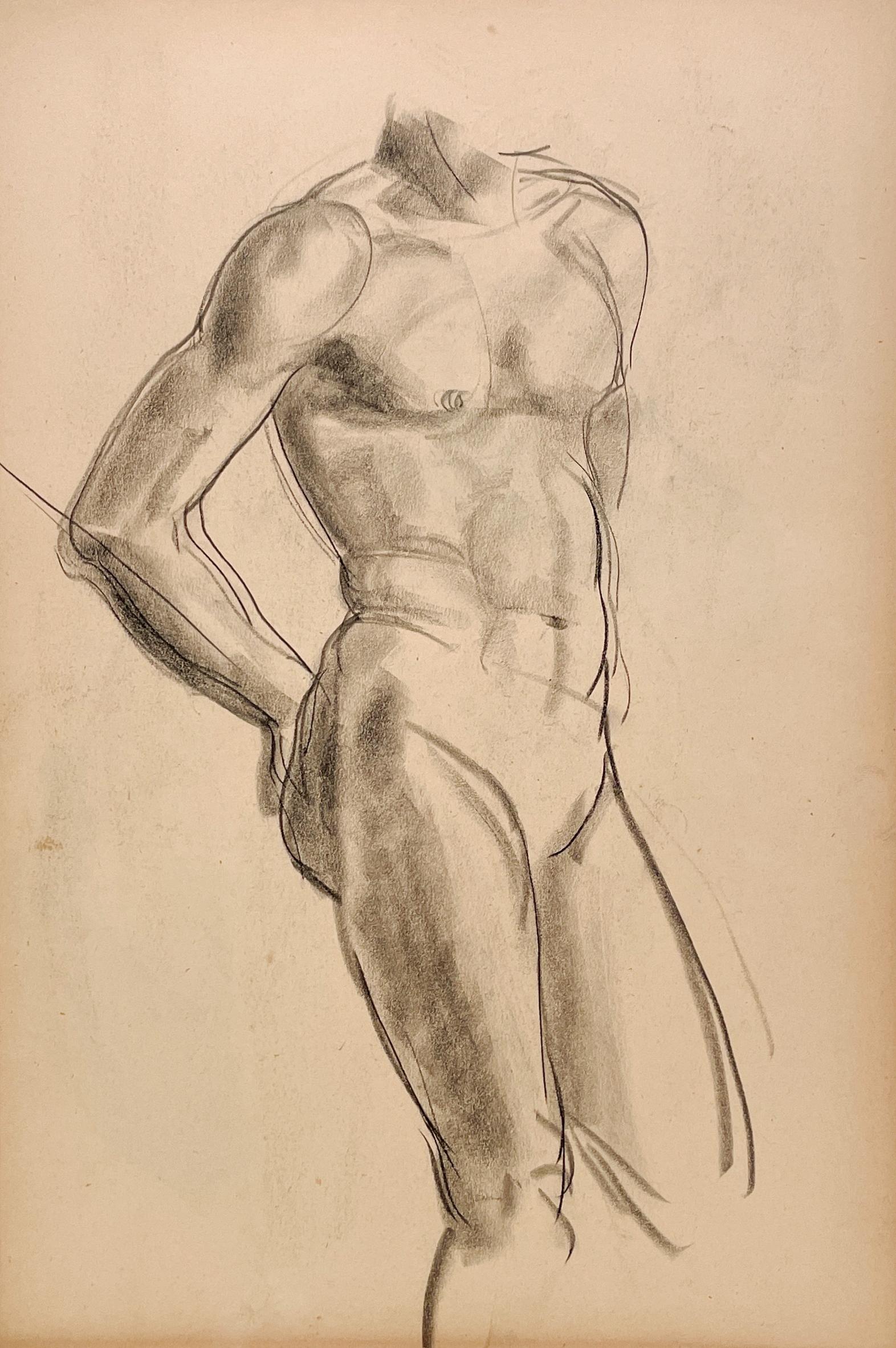 A Finely Drawn 1930s Modern Figure Study, Standing Male Nude Model, Torso