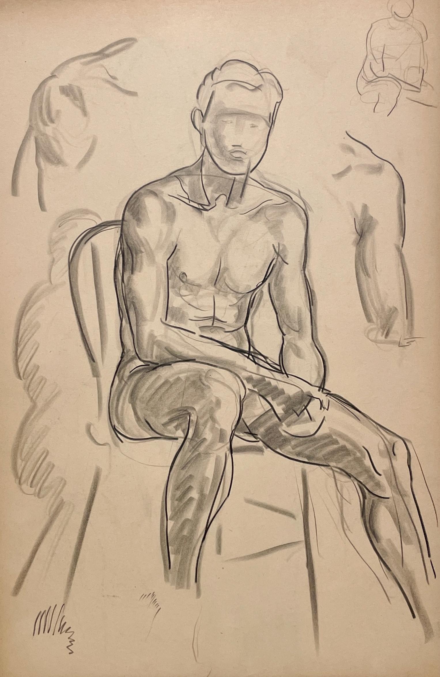 A Finely Drawn 1930s Modern Figure Study, Seated Young Male Nude Model - Art by Harold Haydon