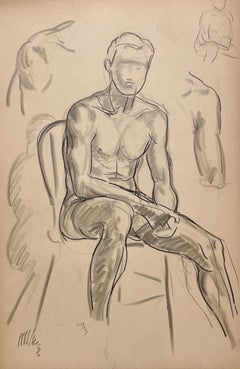 A Finely Drawn 1930s Modern Figure Study, Seated Young Male Nude Model