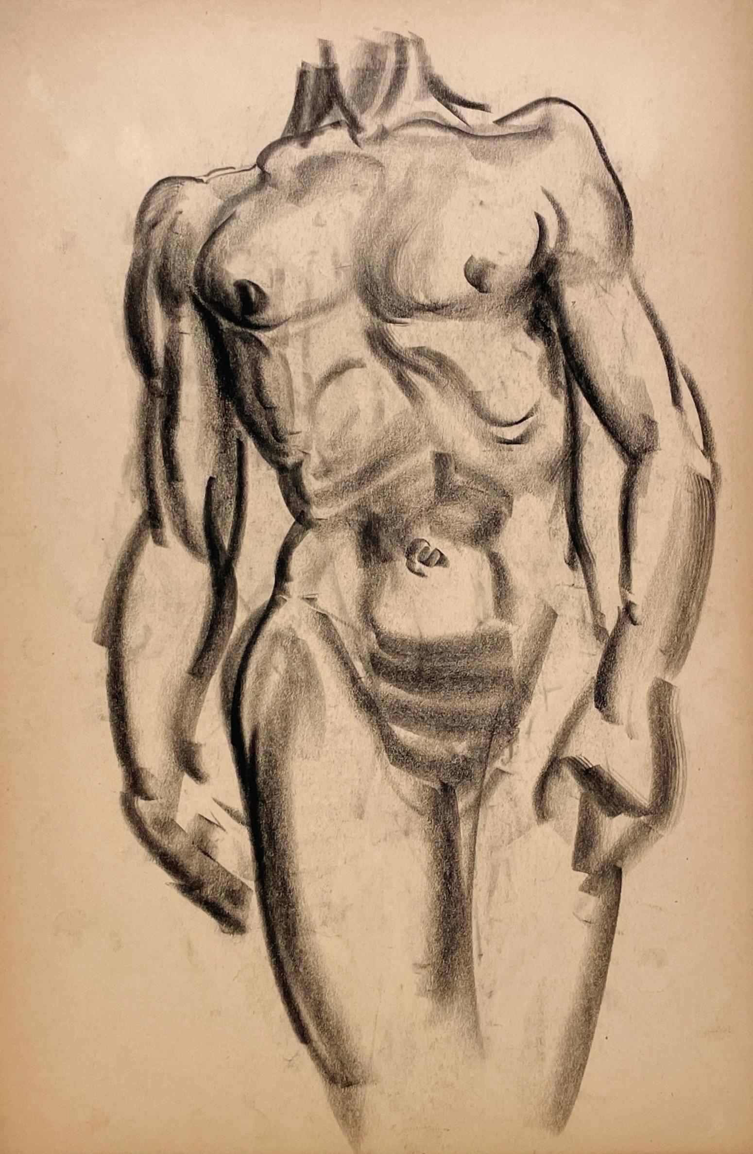 A Finely Drawn 1930s Modern Figure Study, Standing Male Nude Model, Torso