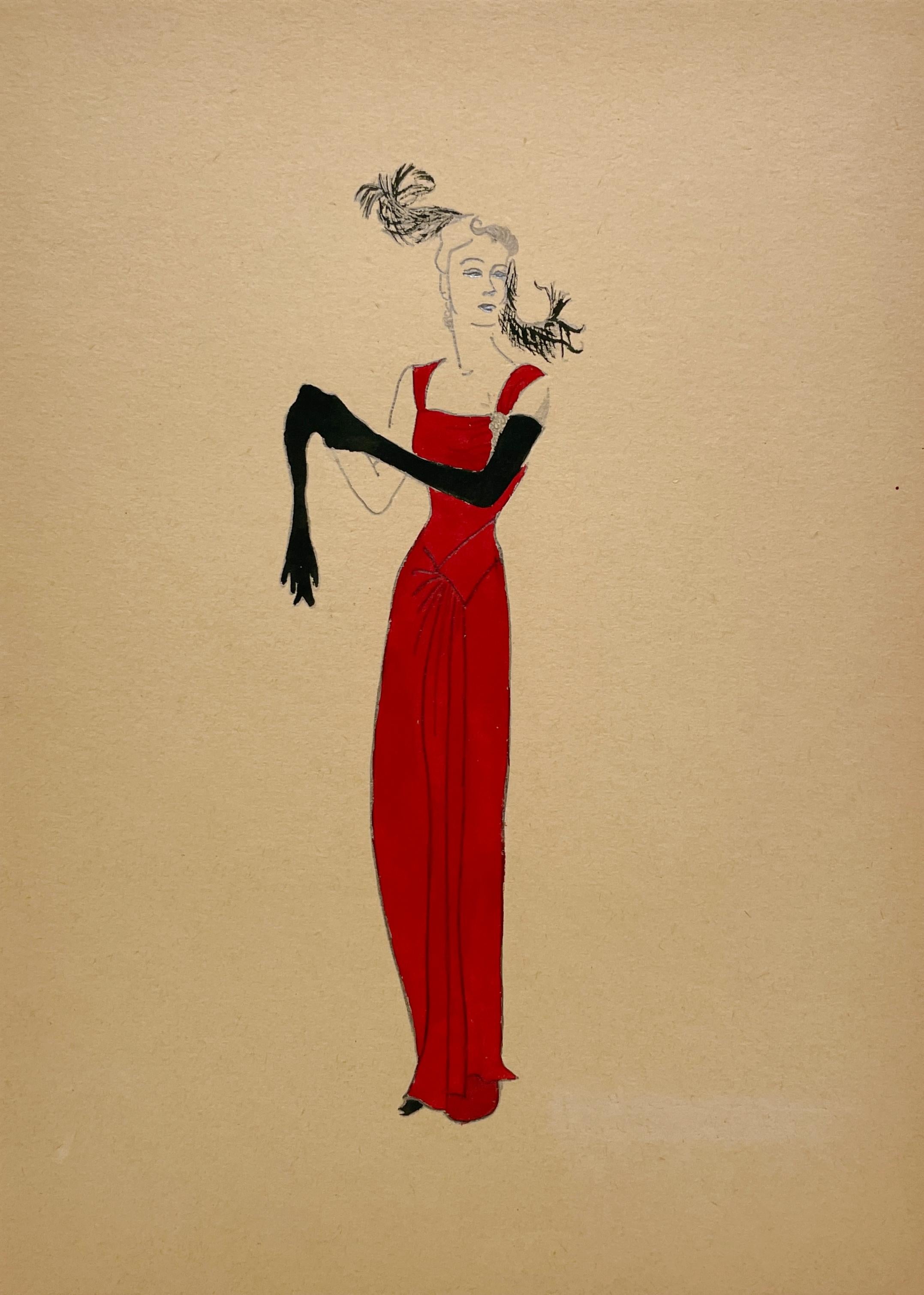 A Stylish Vintage 1940s Fashion Study, Design for Women
s Red Gown, Evening Wear