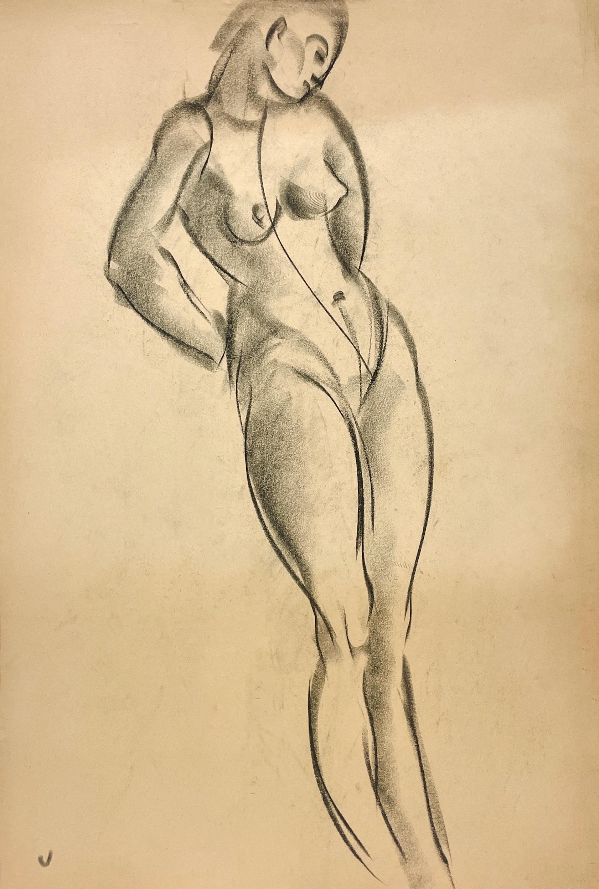 Nude de Harold Haydon - Estudio de una figura Art Decó moderna de los años 30 finamente dibujada, modelo femenina desnuda de pie