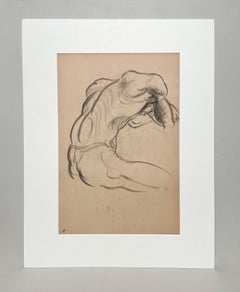 Eine fein gezeichnete moderne Figurenstudie aus den 1930er Jahren, sitzendes männliches Aktmodell (Rückseite)