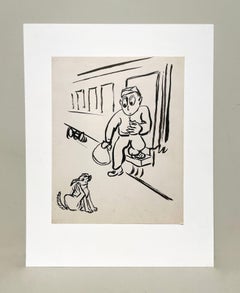 A Humorous, Mid-Century Modern Cartoon Drawing, Returning Soldier & Stray Dog