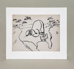 A Timely, 1940s WWII Era Political Cartoon Ink Drawing, "USA No Admittance"