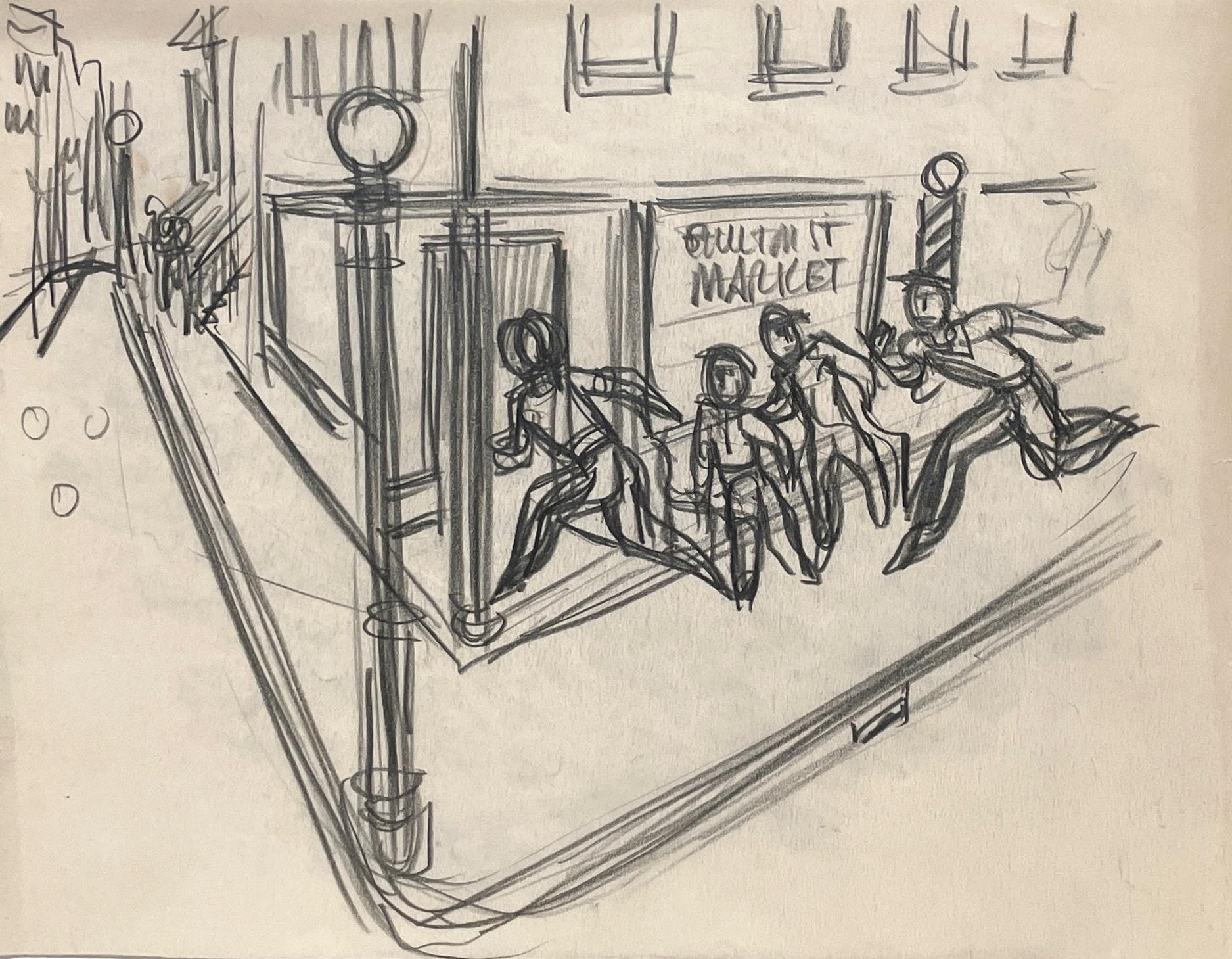 Landscape Art di Harold Haydon - Due scene di strada della Chicago del 1940, studi per il mercato di Fulton Street, realismo urbano