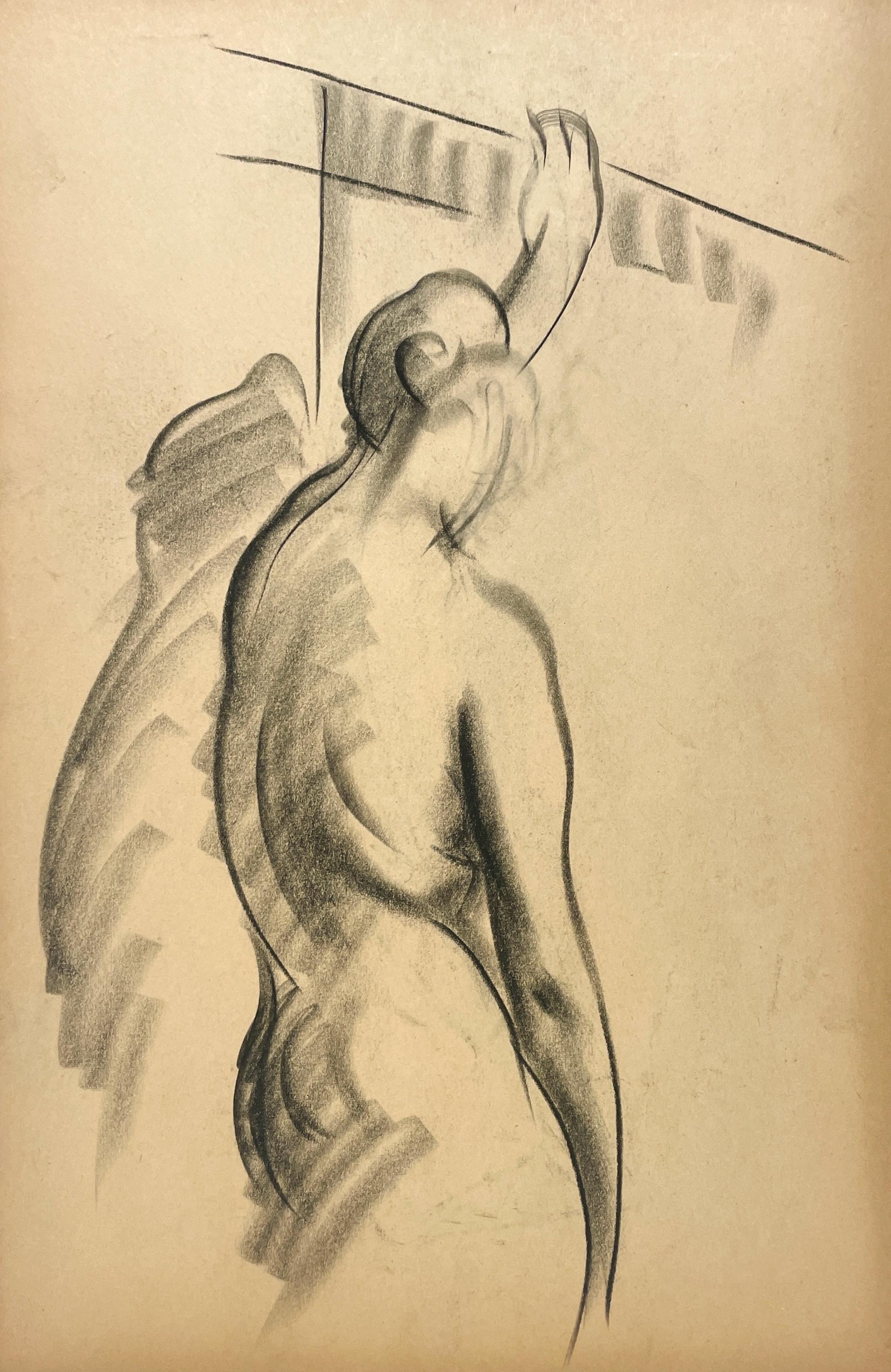 Estudio de una figura Art Decó moderna de los años 30 finamente dibujada, modelo femenina desnuda de pie