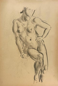 Estudio de una figura Art Decó moderna de los años 30 finamente dibujada, modelo femenina desnuda sentada