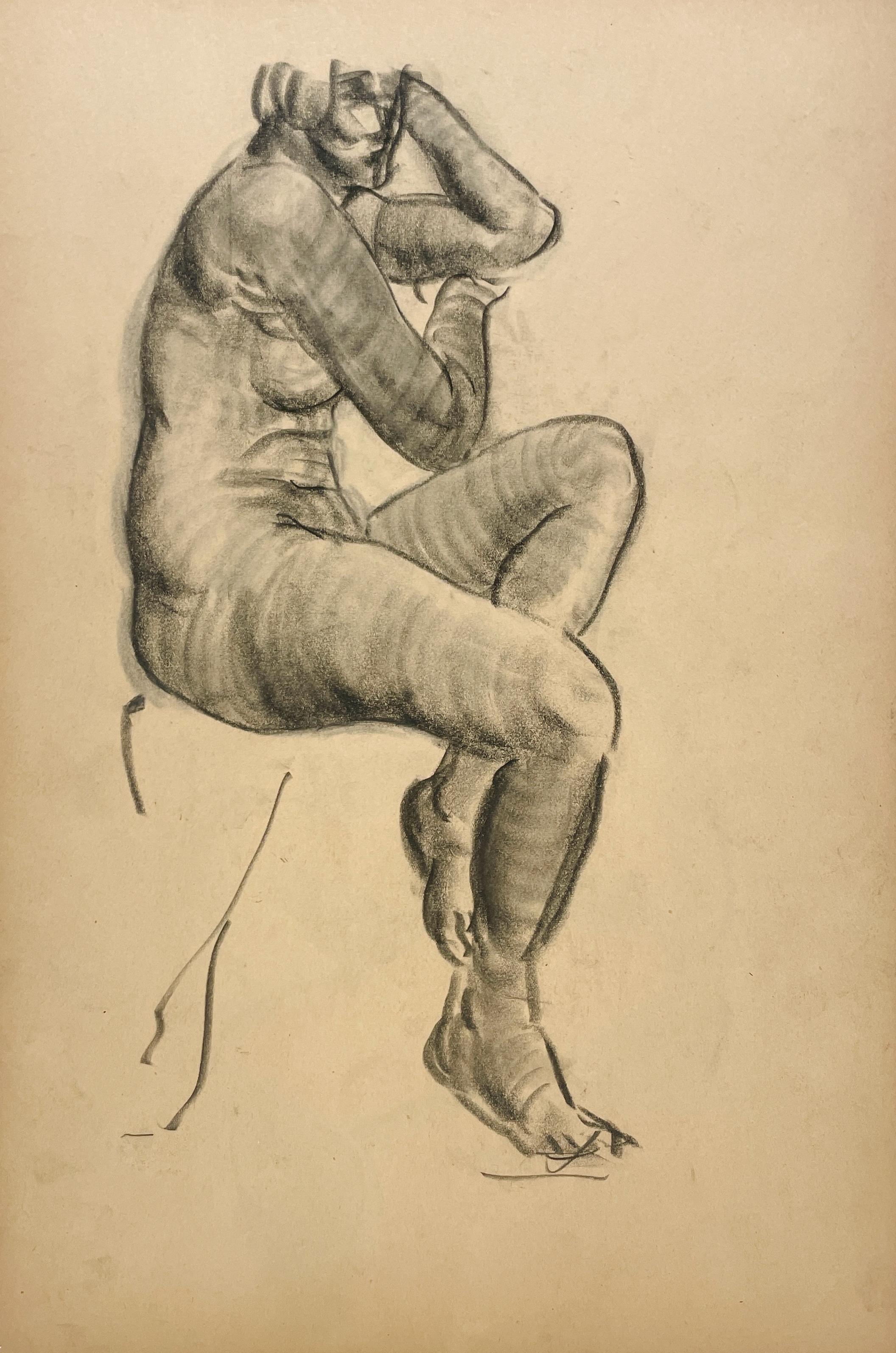 Studio di figura in stile Art Deco moderno degli anni 
30 finemente disegnato, modello di nudo femminile seduto