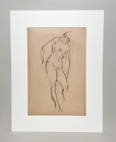 Fein gezeichnete Figurenstudie aus den 1930er Jahren im modernen Art déco-Stil, stehendes weibliches Aktmodell