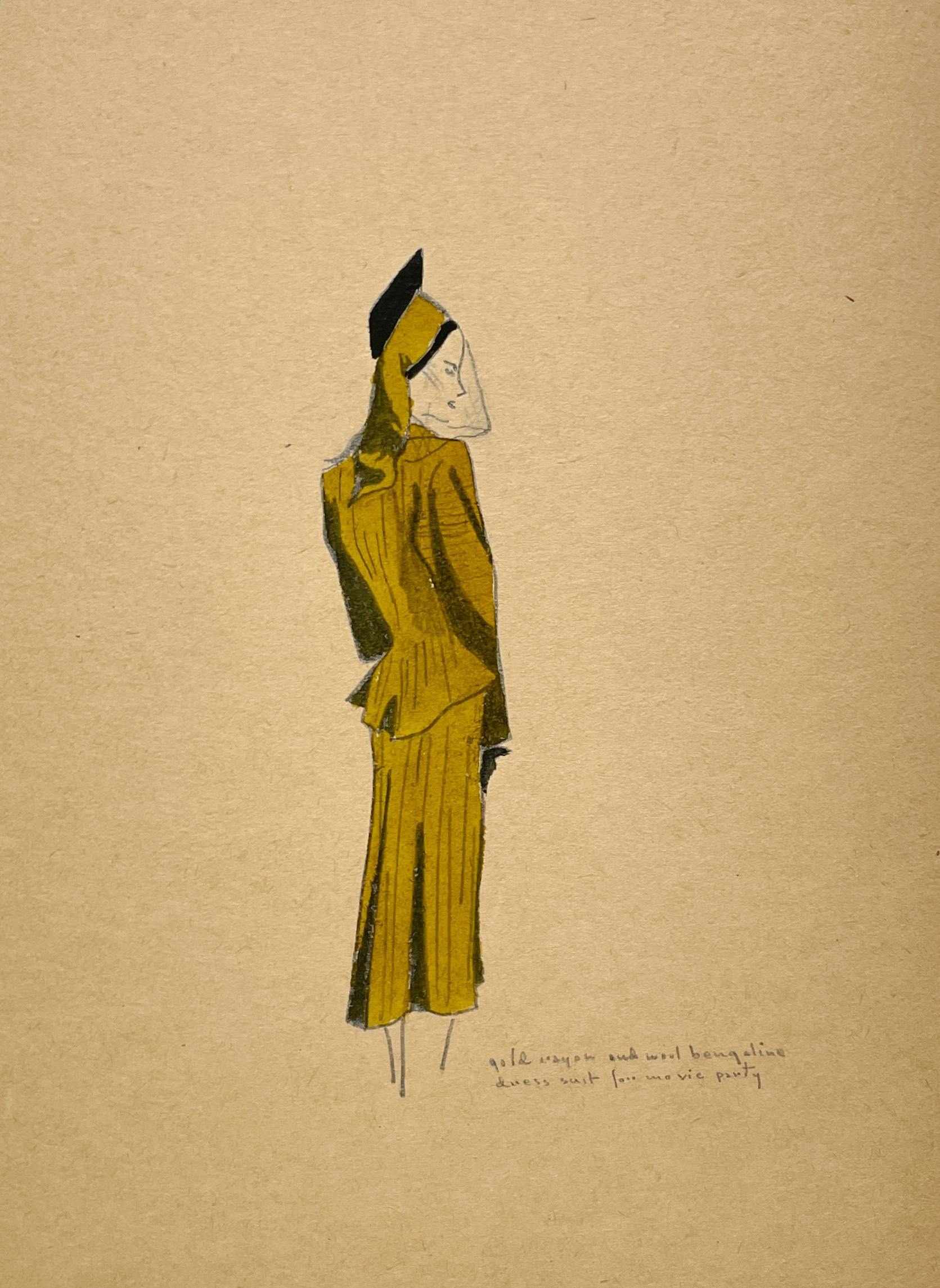 Figurative Art di Unknown - Un elegante studio di moda vintage anni 
40, design per abito rosso da donna, abbigliamento da sera