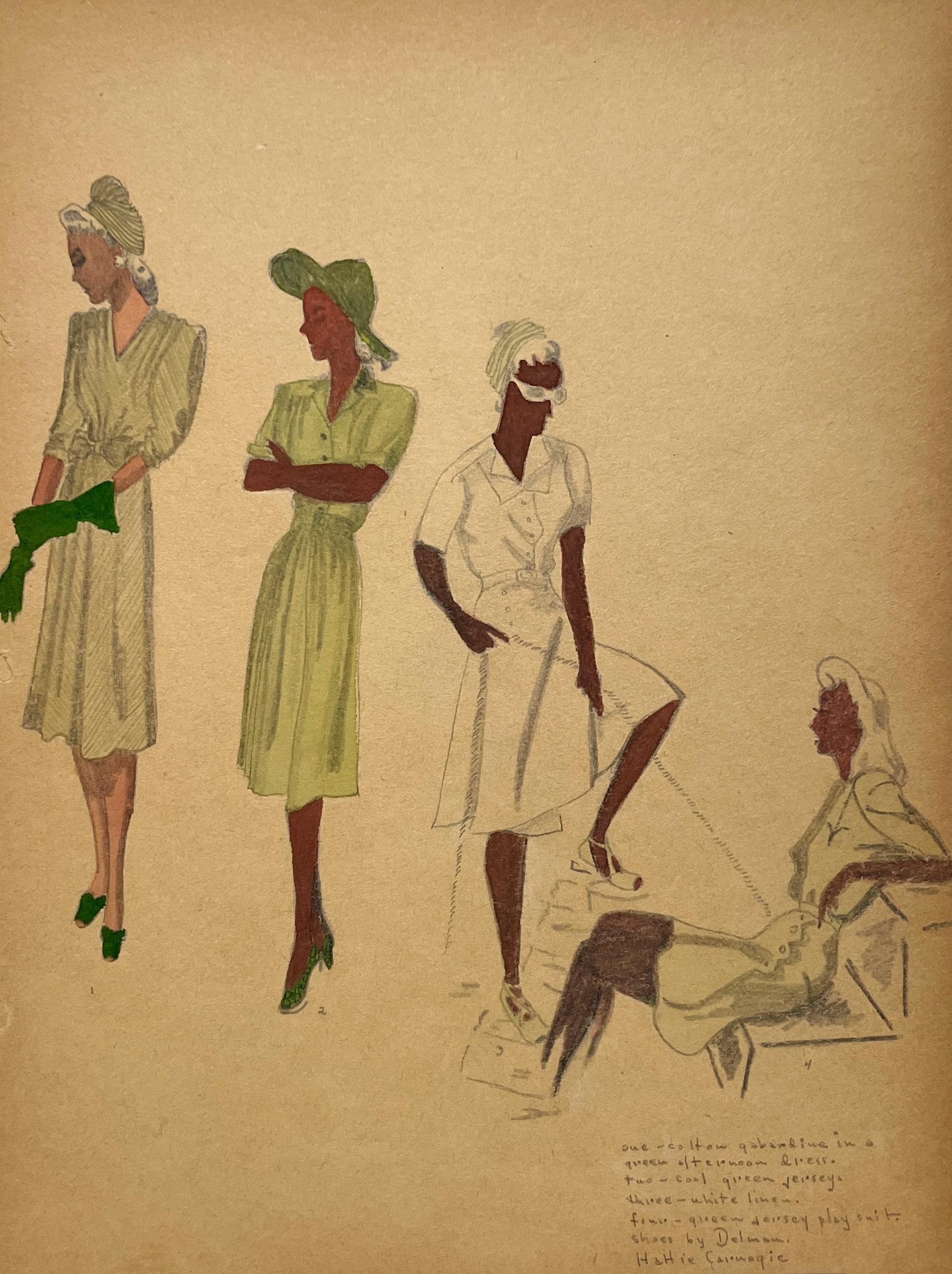 Figurative Art di Unknown - Un elegante studio di moda vintage anni 
40, design per abiti da sole da donna