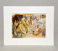 An Amusing 1950s Mid-Century Modern Watercolor of Paris Circus Tigers, Big Cats!