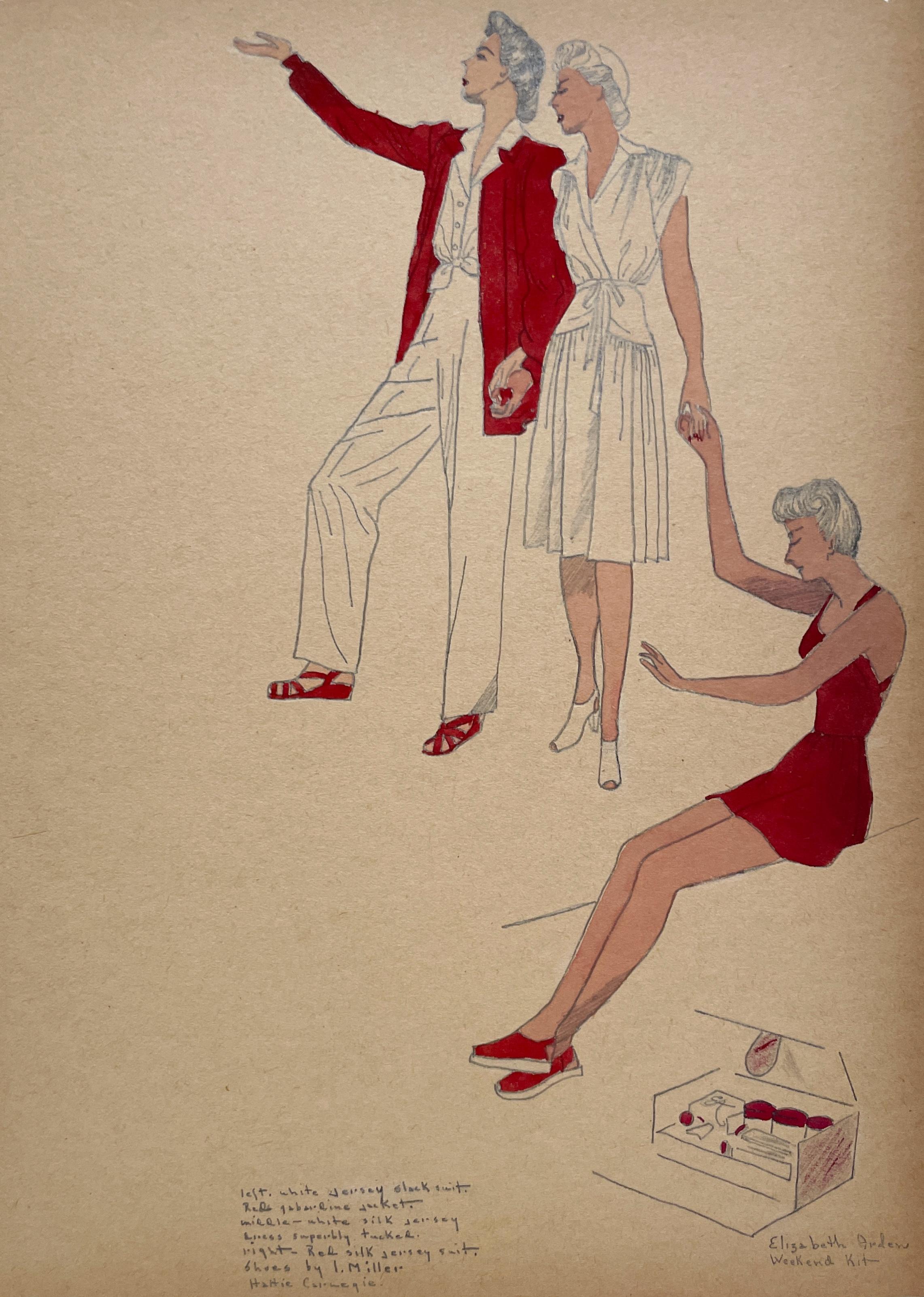 Un elegante studio di moda vintage degli anni 
40, disegni per l
abbigliamento attivo femminile