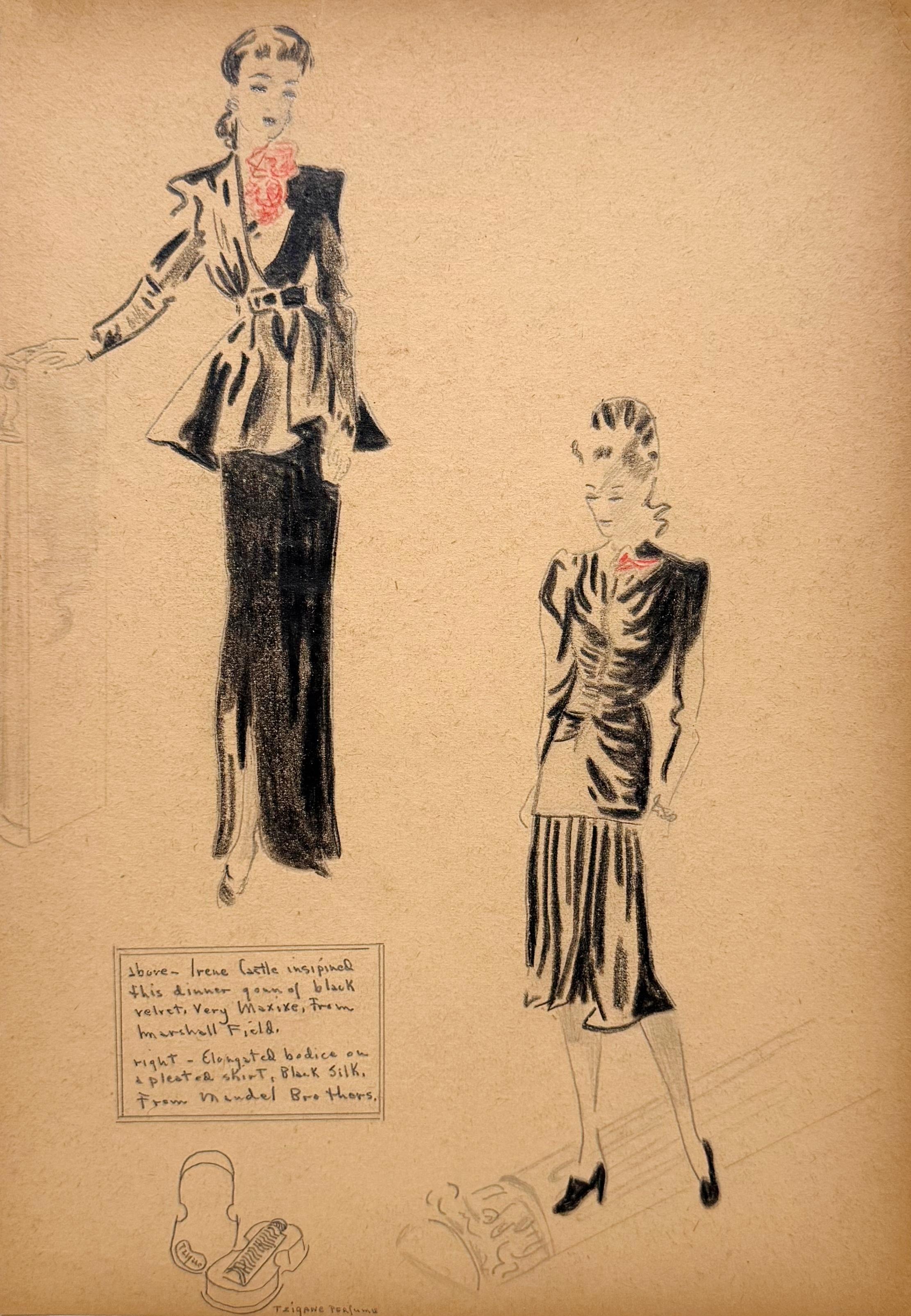 Un design elegante e vintage per la moda degli anni 
40, abiti da donna, Marshall Field 
Co.