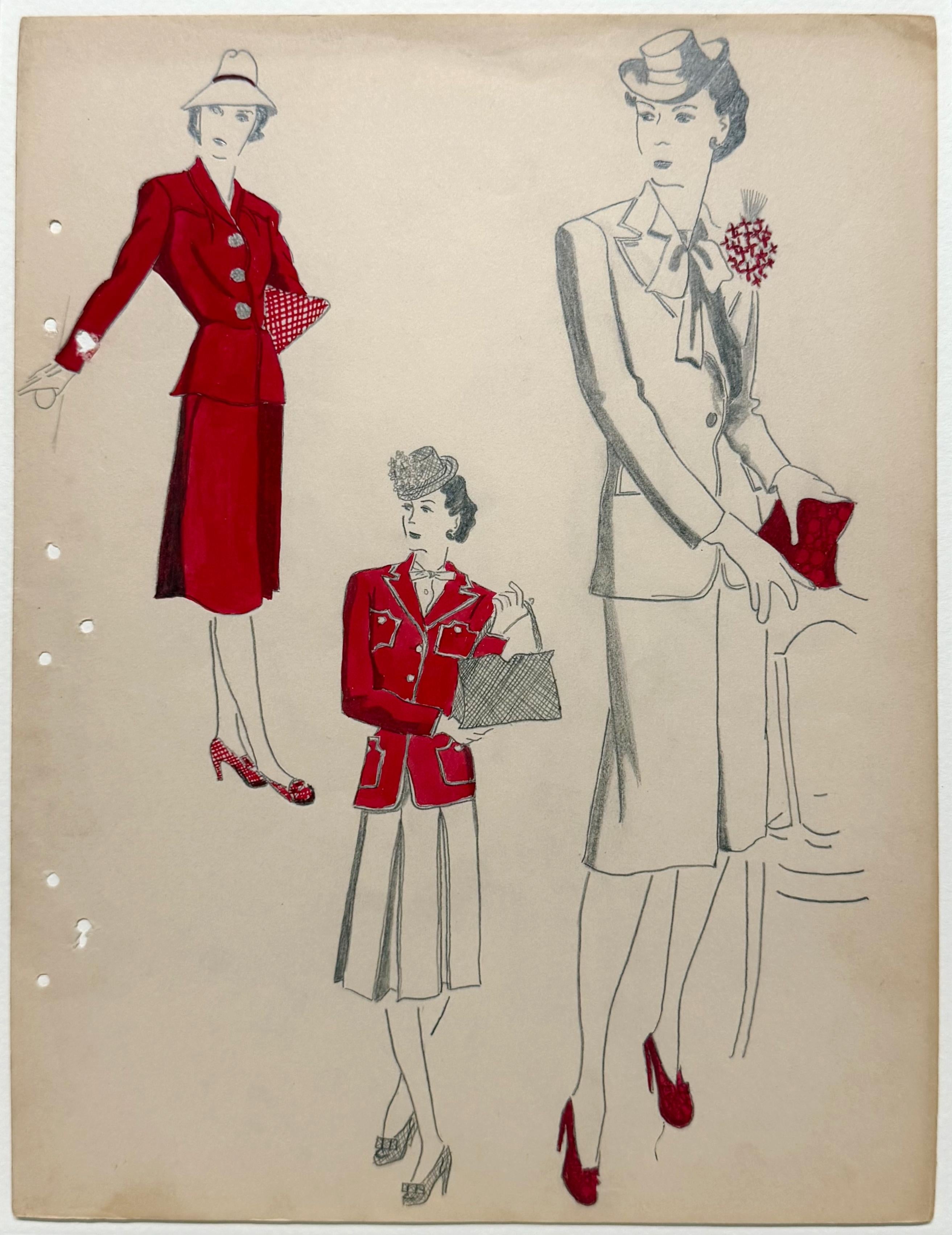 Figurative Art di Unknown - Un elegante studio di moda vintage degli anni 
40, modelli di abiti e scarpe da donna in rosso