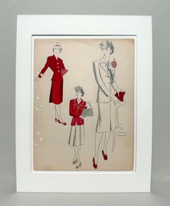 A Stylish Vintage 1940s Fashion Study, Women’s Suit & Shoe Designs in Vivid Red