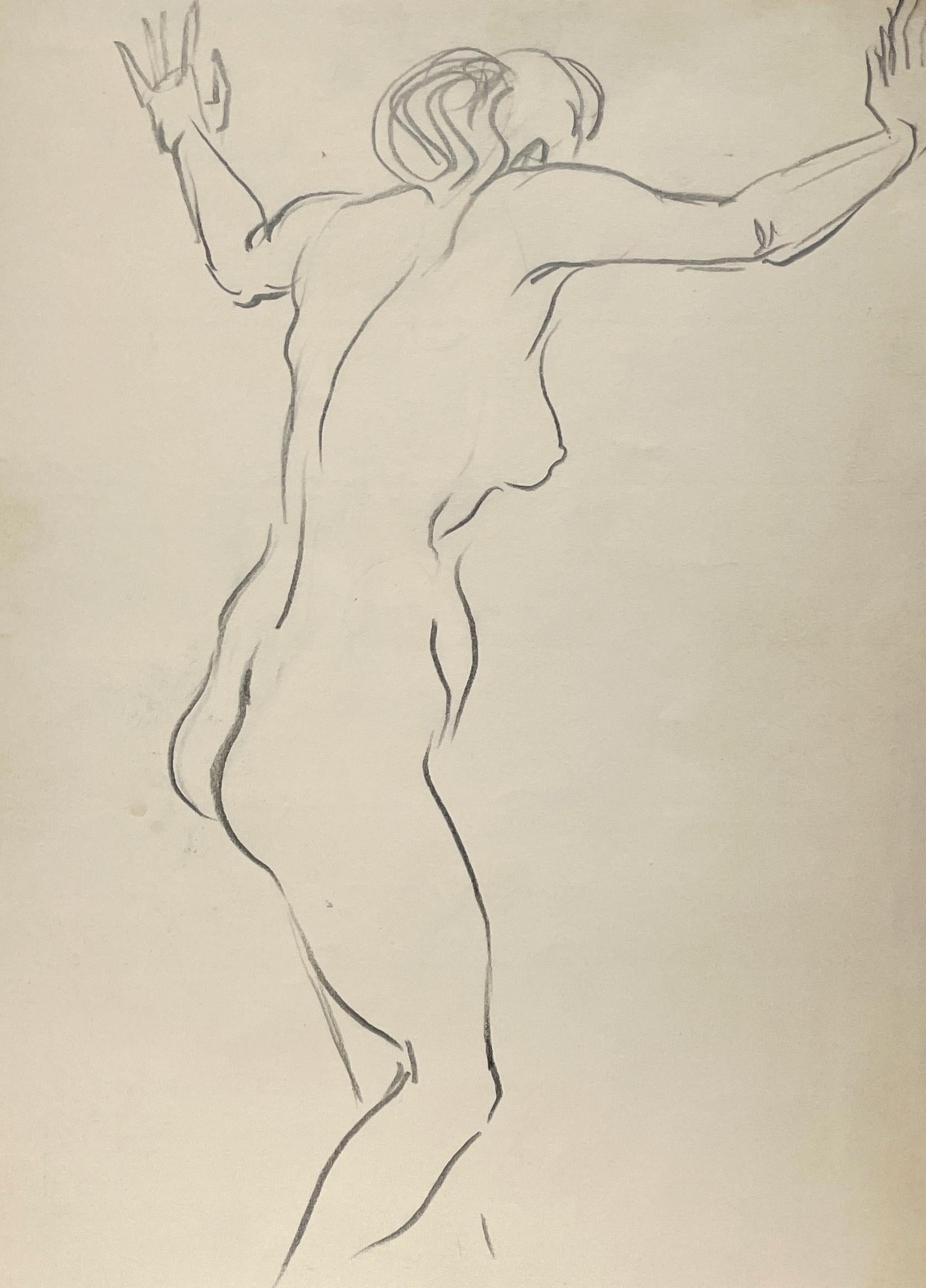 Studio di figura femminile (nudo in piedi, di spalle) finemente disegnato, moderno e Art Deco degli anni 
40.