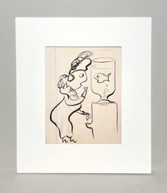 A Humorous, Vintage Mid-Century Modern Cartoon Ink Drawing, The Water Cooler