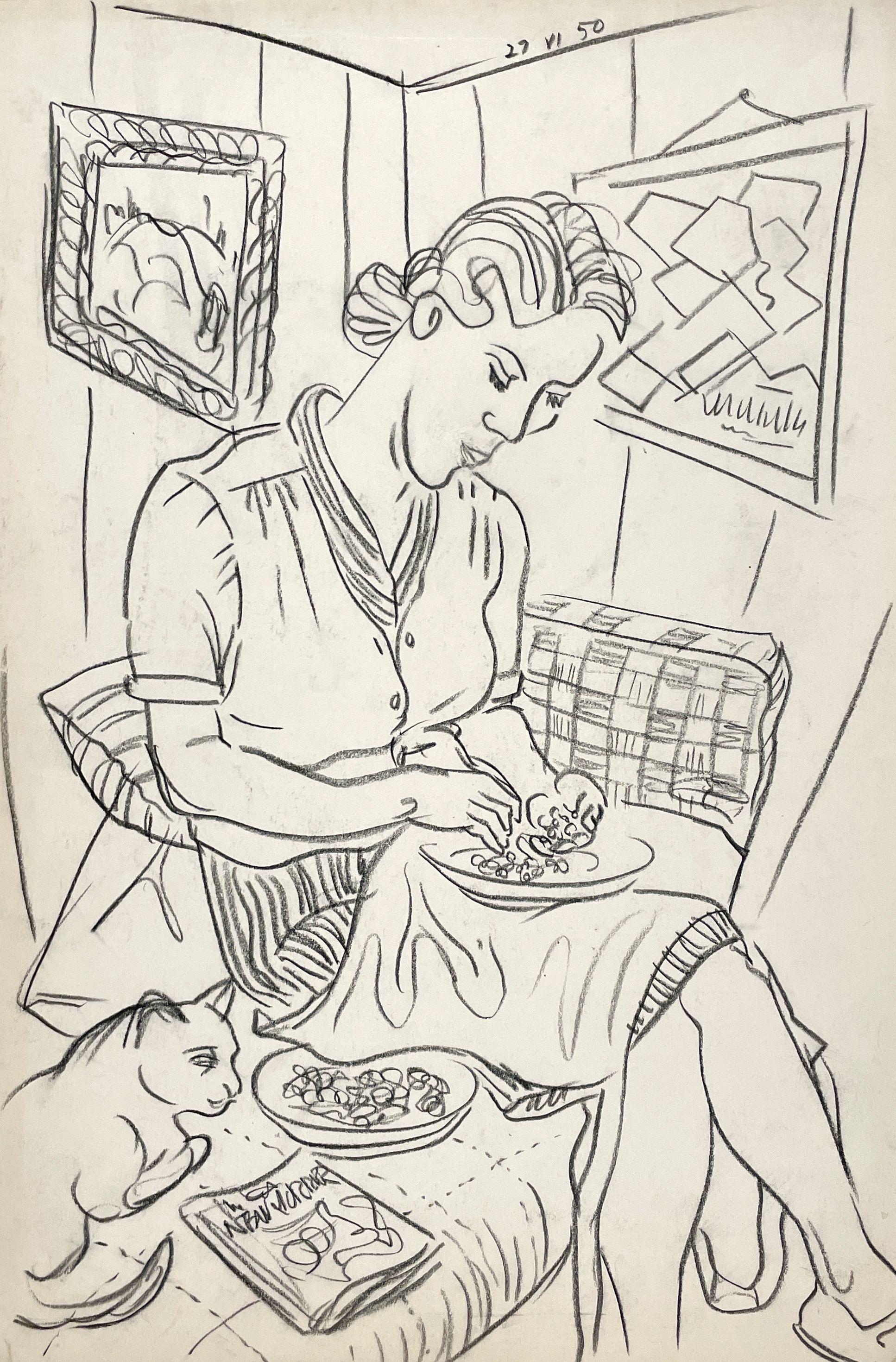 Harold Haydon Interior Art - A Serene, 1950s Mid-Century Modern Interior Scene, Woman with Cat Shelling Peas