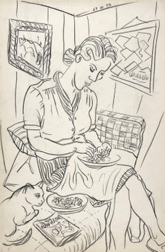 A Serene, 1950s Mid-Century Modern Interior Scene, Woman with Cat Shelling Peas