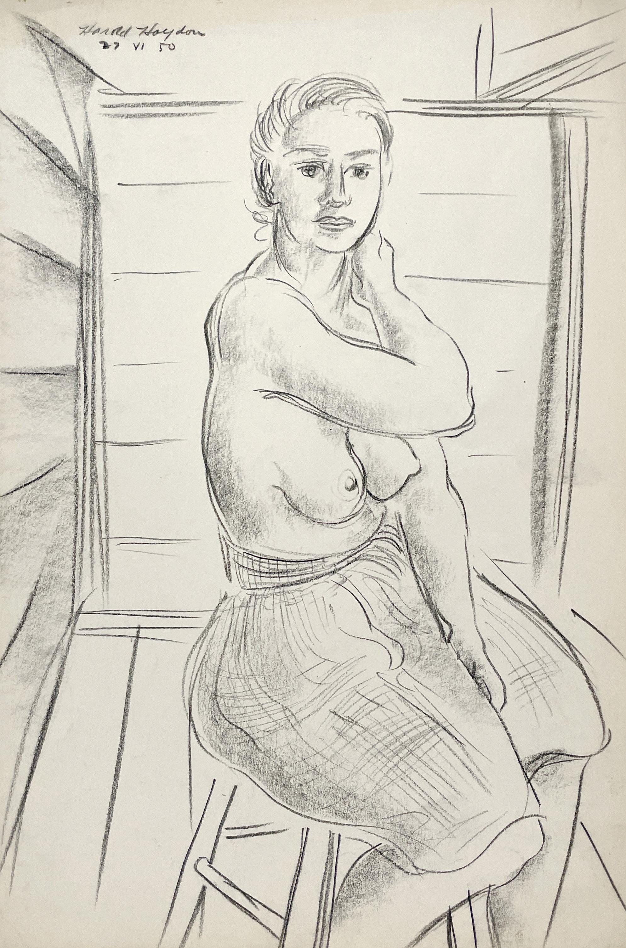 Una convincente escena interior moderna de mediados de siglo de los años 50, mujer joven desnuda sentada