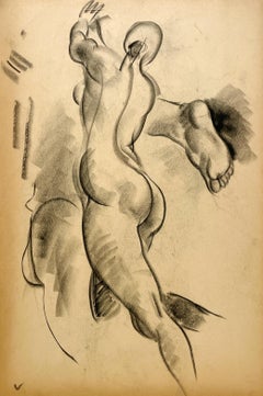 Studio di figura moderna degli anni '30 finemente disegnato, modello di nudo femminile in piedi - schiena, piedi