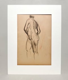 Estudio de una figura Art Decó moderna de los años 30 finamente dibujada, modelo femenina desnuda de pie