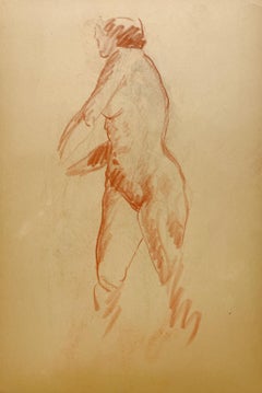 Estudio de una figura Art Decó moderna de los años 30 finamente dibujada, modelo femenina desnuda de pie