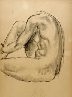 Estudio de una figura Art Decó moderna de los años 30, finamente dibujada, modelo femenina desnuda sentada