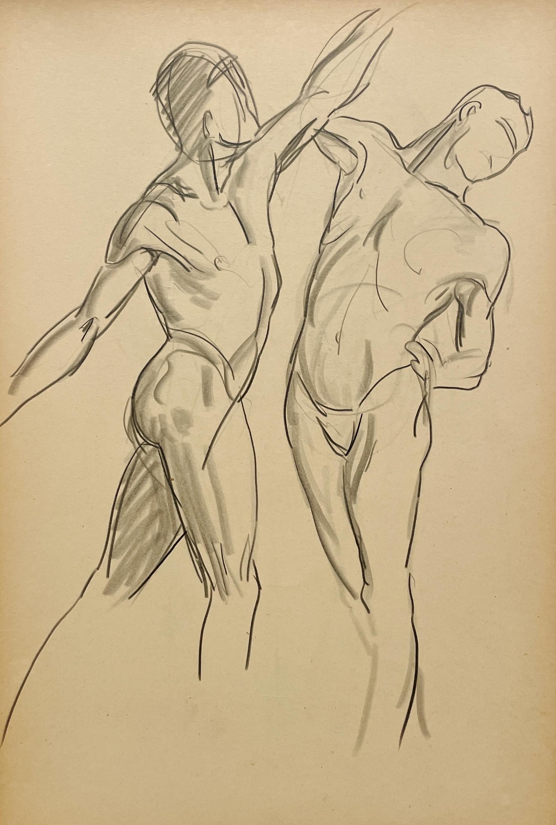A Finely Drawn, 1930s Modern Figure Study, Two Standing Young Male Nude Models