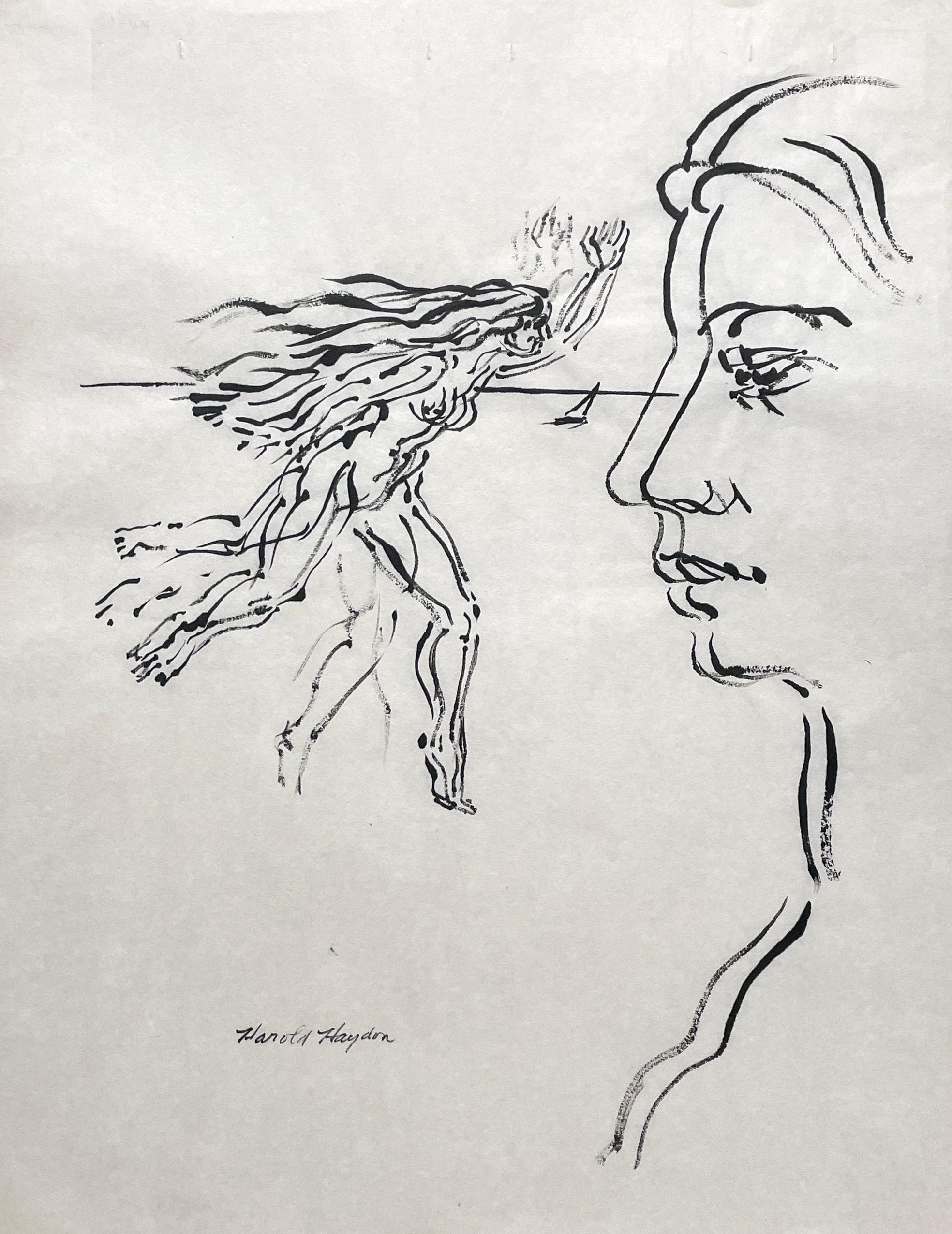A Compelling Surrealist, Mid-Century Modern Ink Drawing, Running Nude & Profile