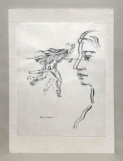 Un irresistibile disegno a inchiostro surrealista e moderno di metà secolo, con nudo in corsa e profilo