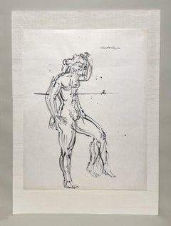A Compelling Surrealist, Mid-Century Modern Ink Drawing, Standing Nude - Beach