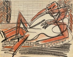 Ein kubistisches Pastell aus der Jahrhundertmitte 1945, liegende Frau in einem Studio-Interieur