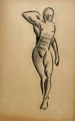Studio di figura moderna Art Deco degli anni '30 finemente disegnato, modello di nudo maschile in piedi